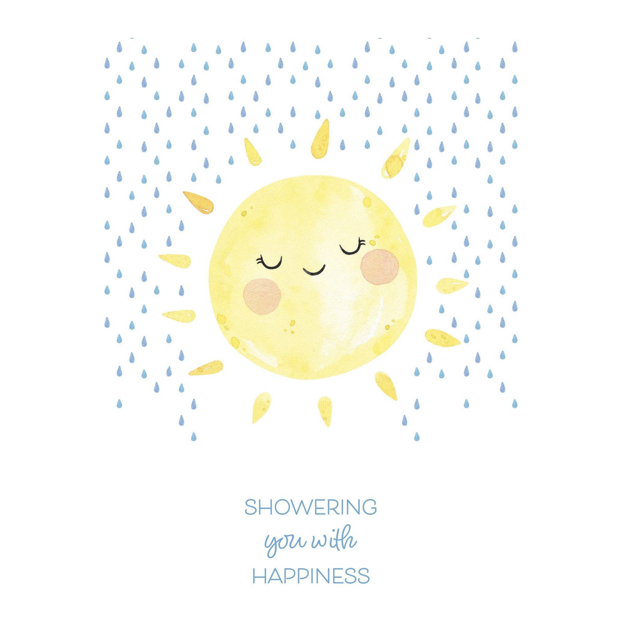Smiling Sun Baby Shower Card from Pictura, colorful greeting card with cheerful sun illustration for celebrating a new arrival